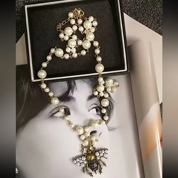 Anthropologie Pearl Bee Elegant Long Gold Necklace - Picture 4 of 12